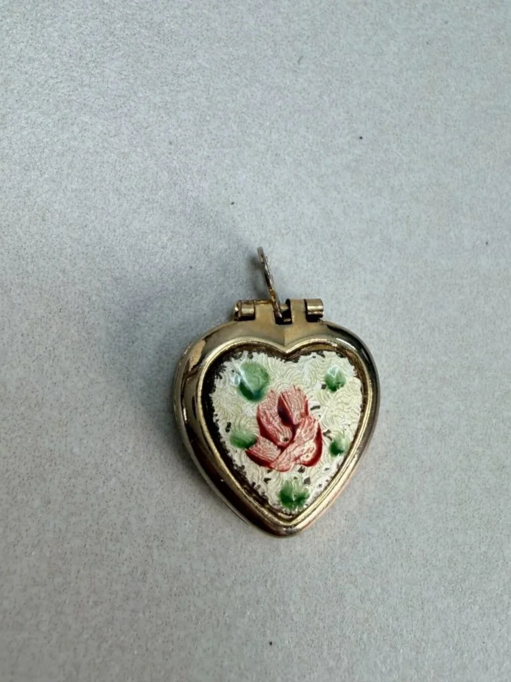 Vintage Guilloche Locket Pendant Heart Pink Rose Gold Tone